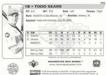 2003 Choice Rochester Red Wings #25 Todd Sears Back