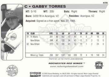2003 Choice Rochester Red Wings #26 Gabby Torres Back