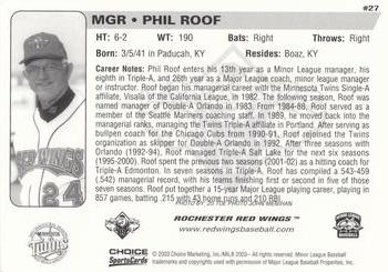 2003 Choice Rochester Red Wings #27 Phil Roof Back