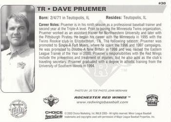 2003 Choice Rochester Red Wings #30 Dave Pruemer Back