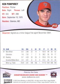 2003 Choice Scranton/Wilkes-Barre Red Barons #15 Ken Pumphrey Back