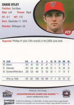 2003 Choice Scranton/Wilkes-Barre Red Barons #23 Chase Utley Back