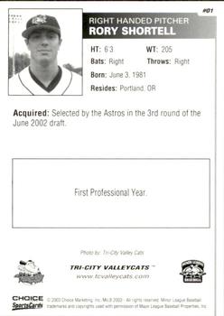 2003 Choice Tri-City ValleyCats #01 Rory Shortell Back