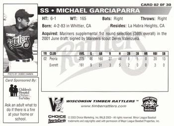 2003 Choice Wisconsin Timber Rattlers #02 Michael Garciaparra Back