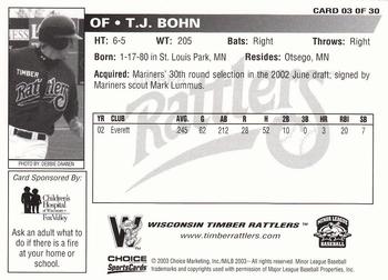 2003 Choice Wisconsin Timber Rattlers #03 T.J. Bohn Back