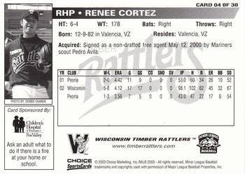 2003 Choice Wisconsin Timber Rattlers #04 Renee Cortez Back