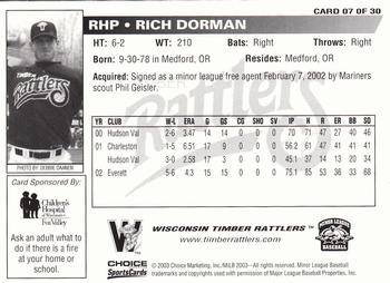 2003 Choice Wisconsin Timber Rattlers #07 Rich Dorman Back