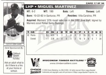 2003 Choice Wisconsin Timber Rattlers #17 Miguel Martinez Back