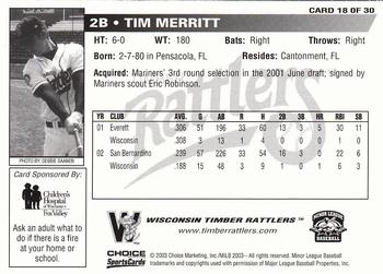2003 Choice Wisconsin Timber Rattlers #18 Tim Merritt Back