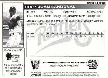 2003 Choice Wisconsin Timber Rattlers #24 Juan Sandoval Back