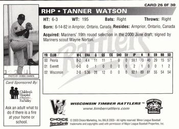 2003 Choice Wisconsin Timber Rattlers #26 Tanner Watson Back