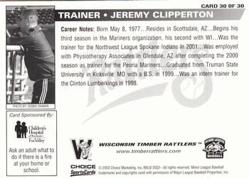 2003 Choice Wisconsin Timber Rattlers #30 Jeremy Clipperton Back
