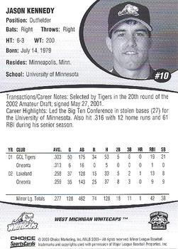 2003 Choice West Michigan Whitecaps #10 Jason Kennedy Back