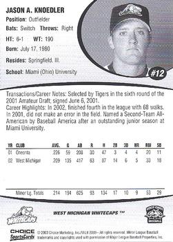 2003 Choice West Michigan Whitecaps #12 Jason Knoedler Back