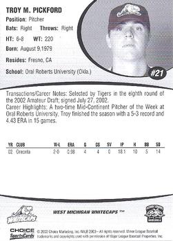 2003 Choice West Michigan Whitecaps #21 Troy Pickford Back