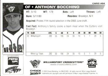 2003 Choice Williamsport Crosscutters #04 Anthony Bocchino Back