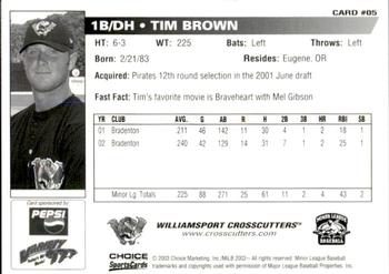 2003 Choice Williamsport Crosscutters #05 Tim Brown Back