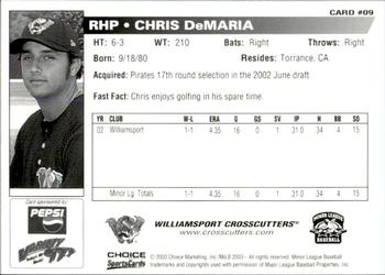 2003 Choice Williamsport Crosscutters #09 Chris DeMaria Back