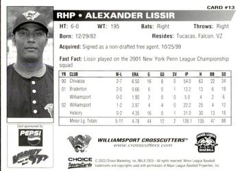 2003 Choice Williamsport Crosscutters #13 Alexander Lissir Back