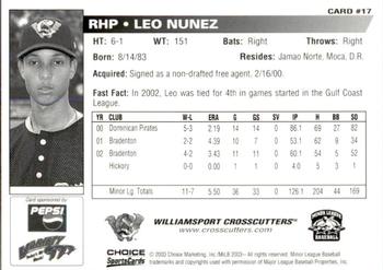 2003 Choice Williamsport Crosscutters #17 Leo Nunez Back