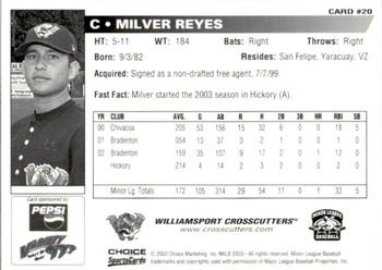 2003 Choice Williamsport Crosscutters #20 Milver Reyes Back