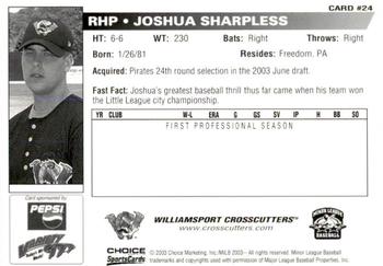 2003 Choice Williamsport Crosscutters #24 Joshua Sharpless Back