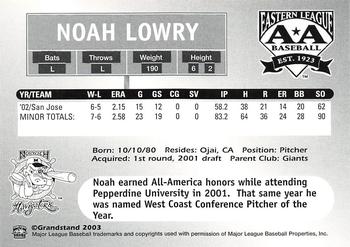 2003 Grandstand Eastern League Top Prospects #NNO Noah Lowry Back