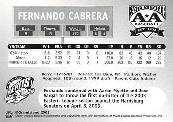 2003 Grandstand Eastern League Top Prospects #NNO Fernando Cabrera Back