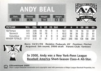 2003 Grandstand Eastern League Top Prospects #NNO Andy Beal Back