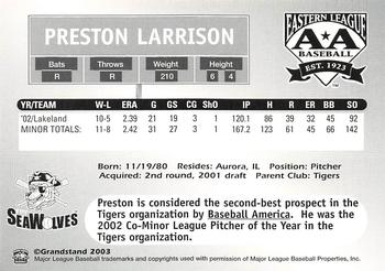 2003 Grandstand Eastern League Top Prospects #NNO Preston Larrison Back