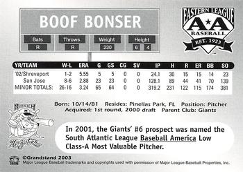 2003 Grandstand Eastern League Top Prospects #NNO Boof Bonser Back
