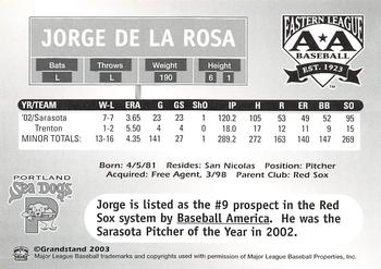 2003 Grandstand Eastern League Top Prospects #NNO Jorge De La Rosa Back