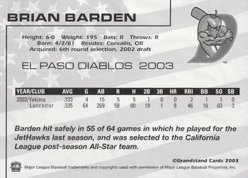 2003 Grandstand El Paso Diablos #NNO Brian Barden Back