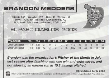 2003 Grandstand El Paso Diablos #NNO Brandon Medders Back
