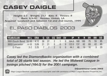 2003 Grandstand El Paso Diablos #NNO Casey Daigle Back