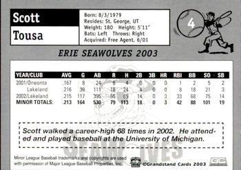 2003 Grandstand Erie SeaWolves #NNO Scott Tousa Back