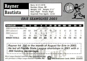 2003 Grandstand Erie SeaWolves #NNO Rayner Bautista Back