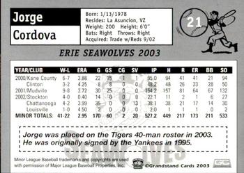 2003 Grandstand Erie SeaWolves #NNO Jorge Cordova Back