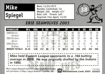 2003 Grandstand Erie SeaWolves #NNO Mike Spiegel Back