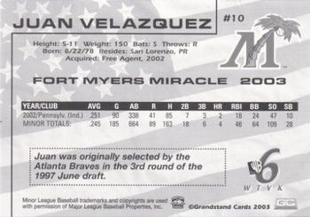 2003 Grandstand Fort Myers Miracle #NNO Juan Velazquez Back
