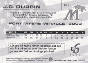 2003 Grandstand Fort Myers Miracle #NNO J.D. Durbin Back