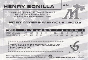 2003 Grandstand Fort Myers Miracle #NNO Henry Bonilla Back