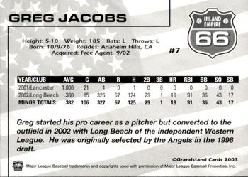 2003 Grandstand Inland Empire 66ers #NNO Greg Jacobs Back