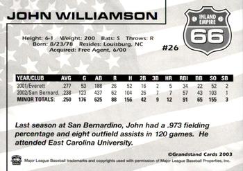 2003 Grandstand Inland Empire 66ers #NNO John Williamson Back