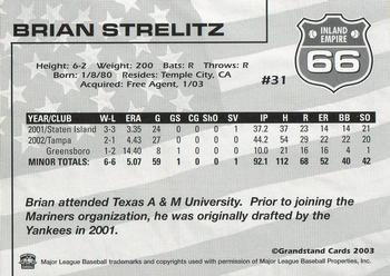 2003 Grandstand Inland Empire 66ers #NNO Brian Strelitz Back