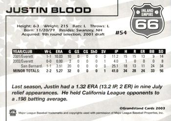 2003 Grandstand Inland Empire 66ers #NNO Justin Blood Back