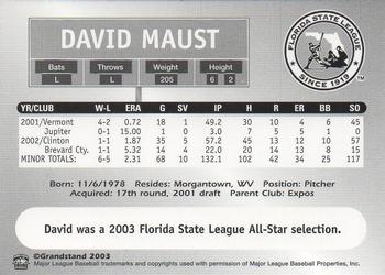 2003 Grandstand Florida State League Top Prospects #NNO David Maust Back