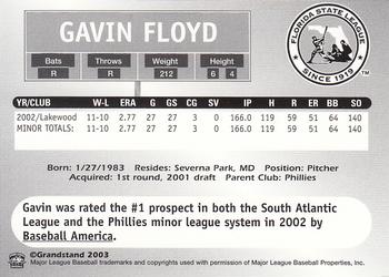 2003 Grandstand Florida State League Top Prospects #NNO Gavin Floyd Back
