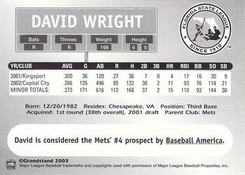 2003 Grandstand Florida State League Top Prospects #NNO David Wright Back