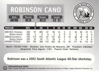2003 Grandstand Florida State League Top Prospects #NNO Robinson Cano Back